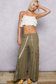 POL “THE CASSIE”Lace contrast elastic band satin strap solid wide flair pants.