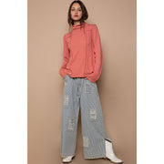 Bestseller “The Conrad” Distressed drawstring waist snap stripe denim wide leg pant