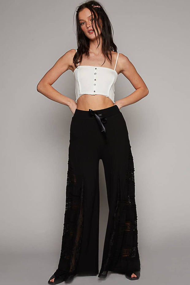 POL “THE CASSIE”Lace contrast elastic band satin strap solid wide flair pants.