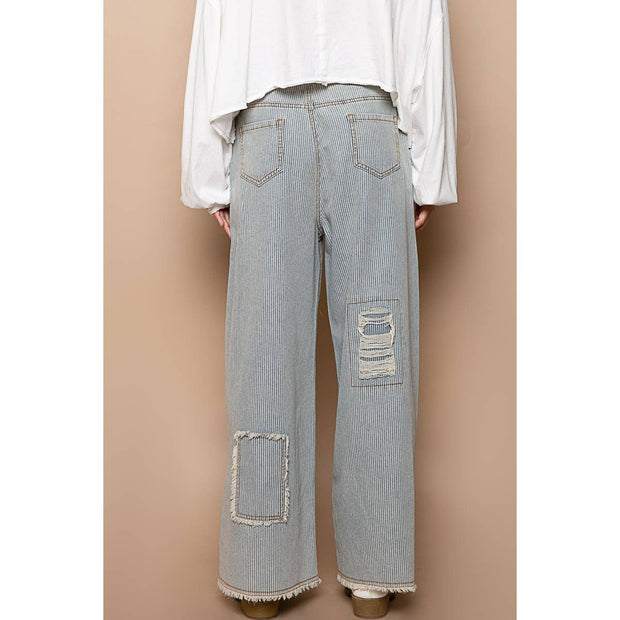 Bestseller “The Conrad” Distressed drawstring waist snap stripe denim wide leg pant