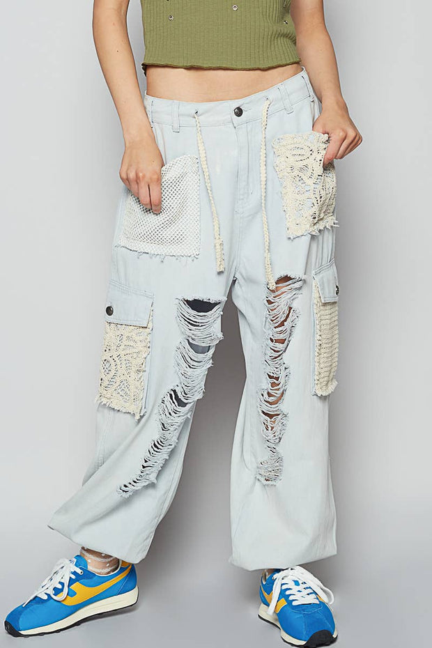 Best Seller: “The Kelly”Vintage wash crochet patche distress jogger pants