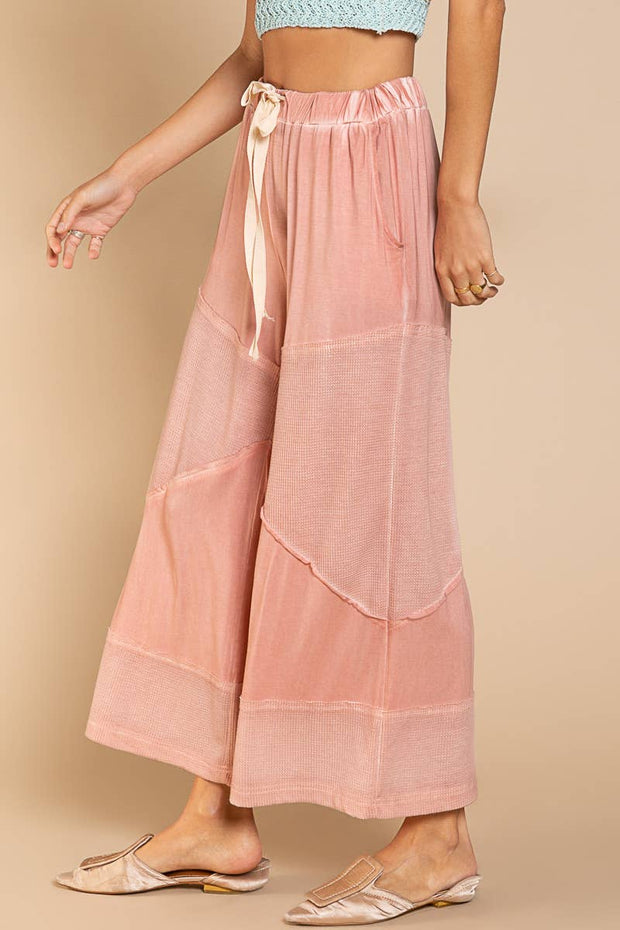 Contrast ribbed elastic waist casual knit culottes pants: CORN SOUP / M/L