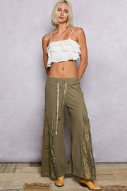POL “THE CASSIE”Lace contrast elastic band satin strap solid wide flair pants.