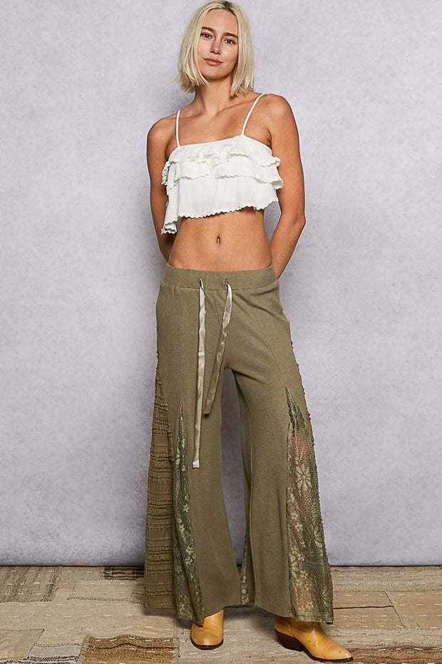 POL “THE CASSIE”Lace contrast elastic band satin strap solid wide flair pants.