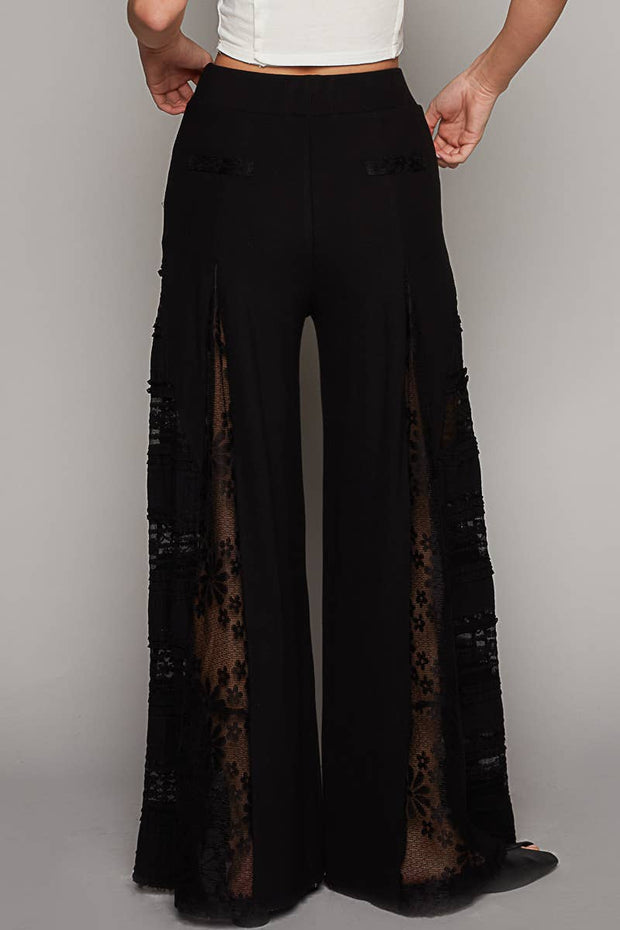 POL “THE CASSIE”Lace contrast elastic band satin strap solid wide flair pants.