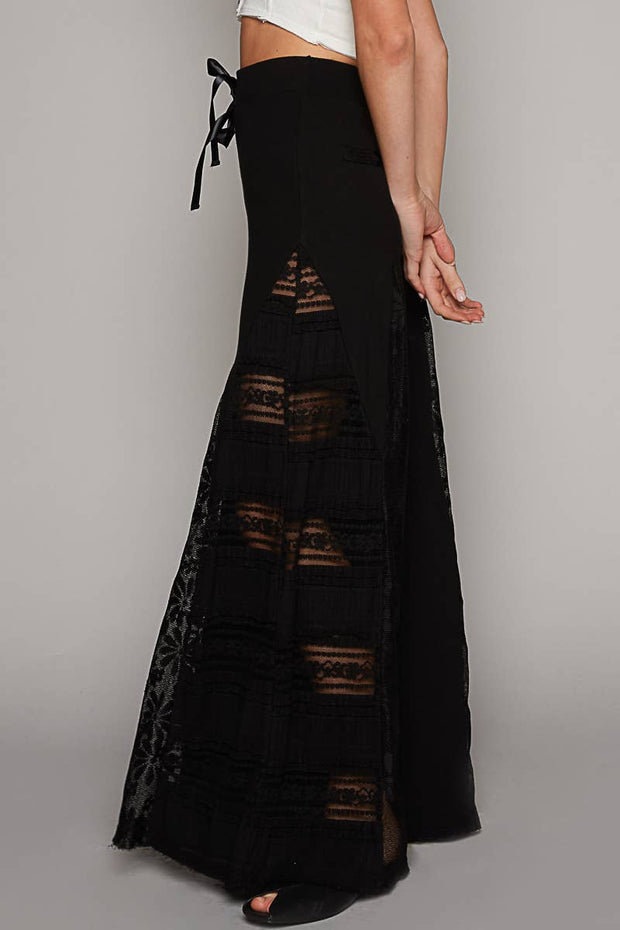 POL “THE CASSIE”Lace contrast elastic band satin strap solid wide flair pants.