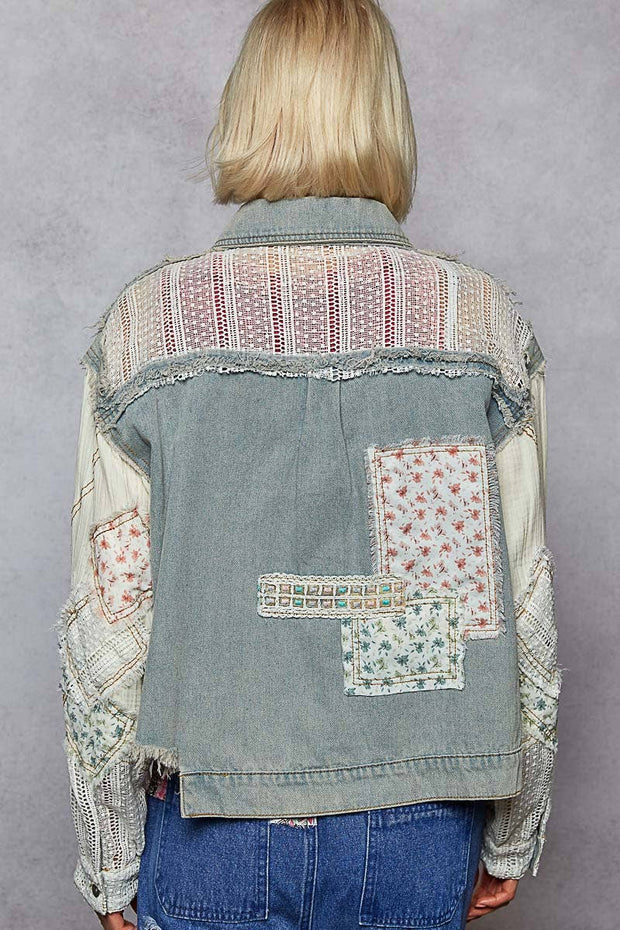 “The FLIRT”  long sleeve crochet patchwork floral light denim jacket