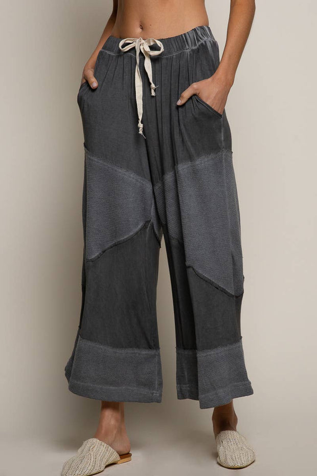 Contrast ribbed elastic waist casual knit culottes pants: CORN SOUP / M/L