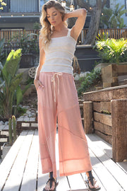 Contrast ribbed elastic waist casual knit culottes pants: CORN SOUP / M/L