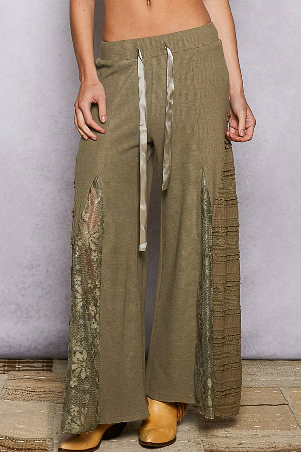 POL “THE CASSIE”Lace contrast elastic band satin strap solid wide flair pants.