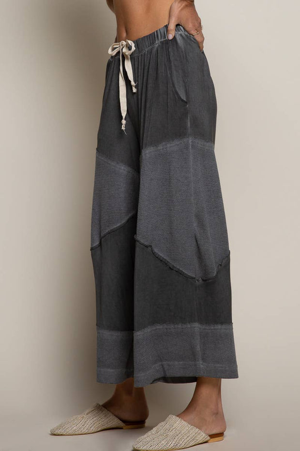 Contrast ribbed elastic waist casual knit culottes pants: CORN SOUP / M/L