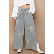 Bestseller “The Conrad” Distressed drawstring waist snap stripe denim wide leg pant