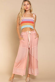 Contrast ribbed elastic waist casual knit culottes pants: CORN SOUP / M/L