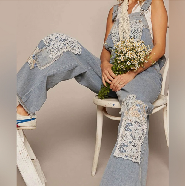 Blue Denim Overalls with Patchwork