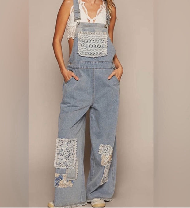Blue Denim Overalls with Patchwork