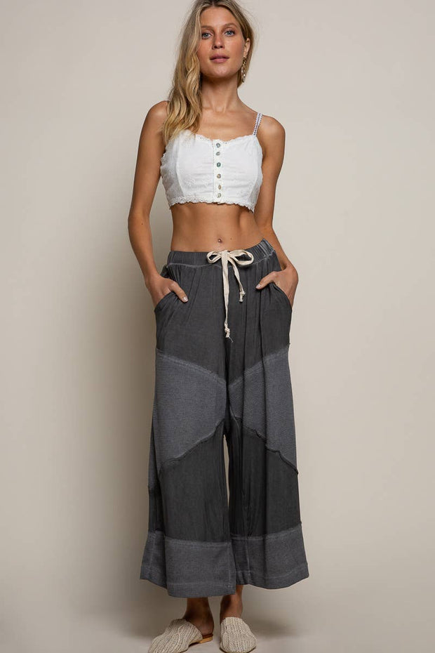 “The Cassie” Contrast ribbed elastic waist casual knit culottes pants