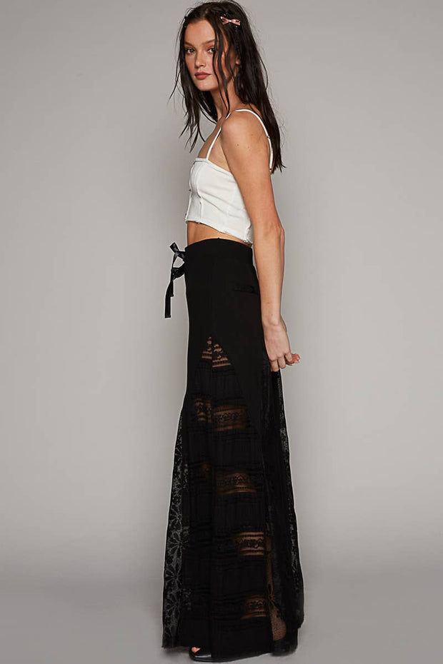 POL “THE CASSIE”Lace contrast elastic band satin strap solid wide flair pants.
