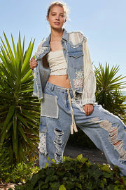 “The FLIRT”  long sleeve crochet patchwork floral light denim jacket