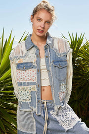 “The FLIRT”  long sleeve crochet patchwork floral light denim jacket