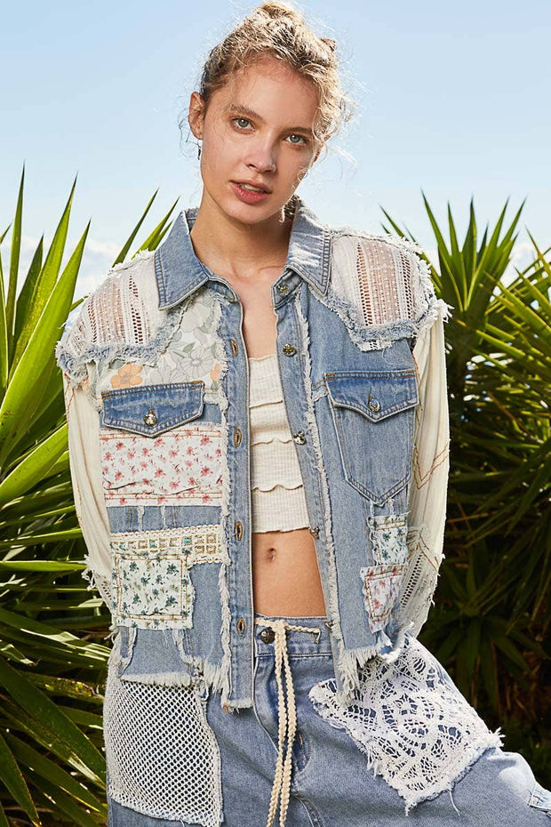 “The FLIRT”  long sleeve crochet patchwork floral light denim jacket