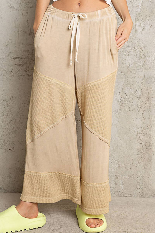 Contrast ribbed elastic waist casual knit culottes pants: CORN SOUP / M/L