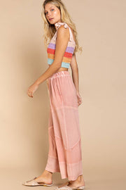 Contrast ribbed elastic waist casual knit culottes pants: CORN SOUP / M/L