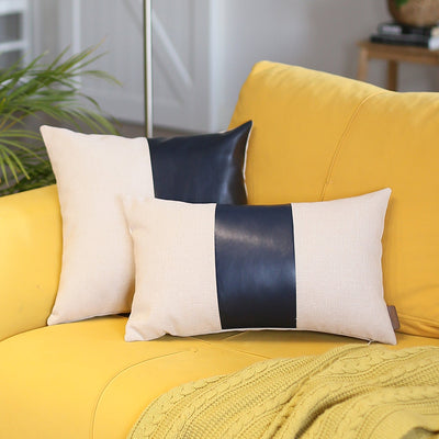 Boho Throw Pillow Navy Blue Mixed Design Set of 2 Vegan Faux Leather Solid for Couch, Bedding