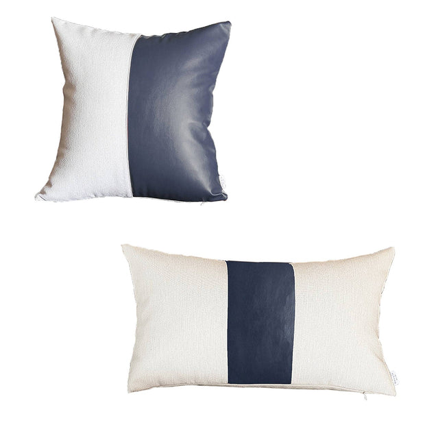 Boho Throw Pillow Navy Blue Mixed Design Set of 2 Vegan Faux Leather Solid for Couch, Bedding