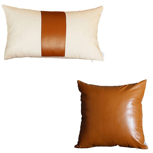 Boho Throw Pillow Brown Mixed Design Set of 2 Vegan Faux Leather Solid for Couch, Bedding